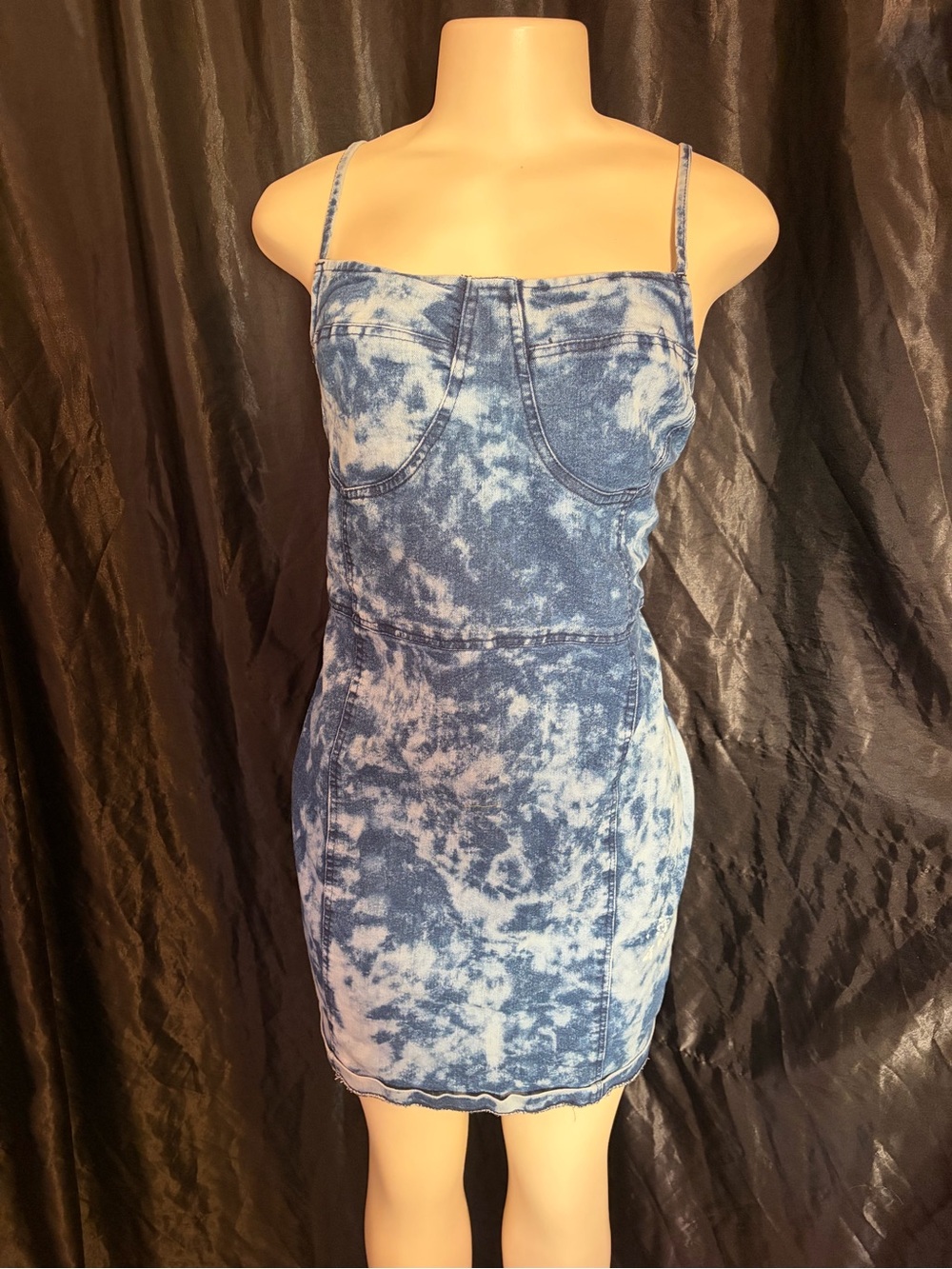 Blue Tie-Dye Denim Mini Dress with Spaghetti Straps